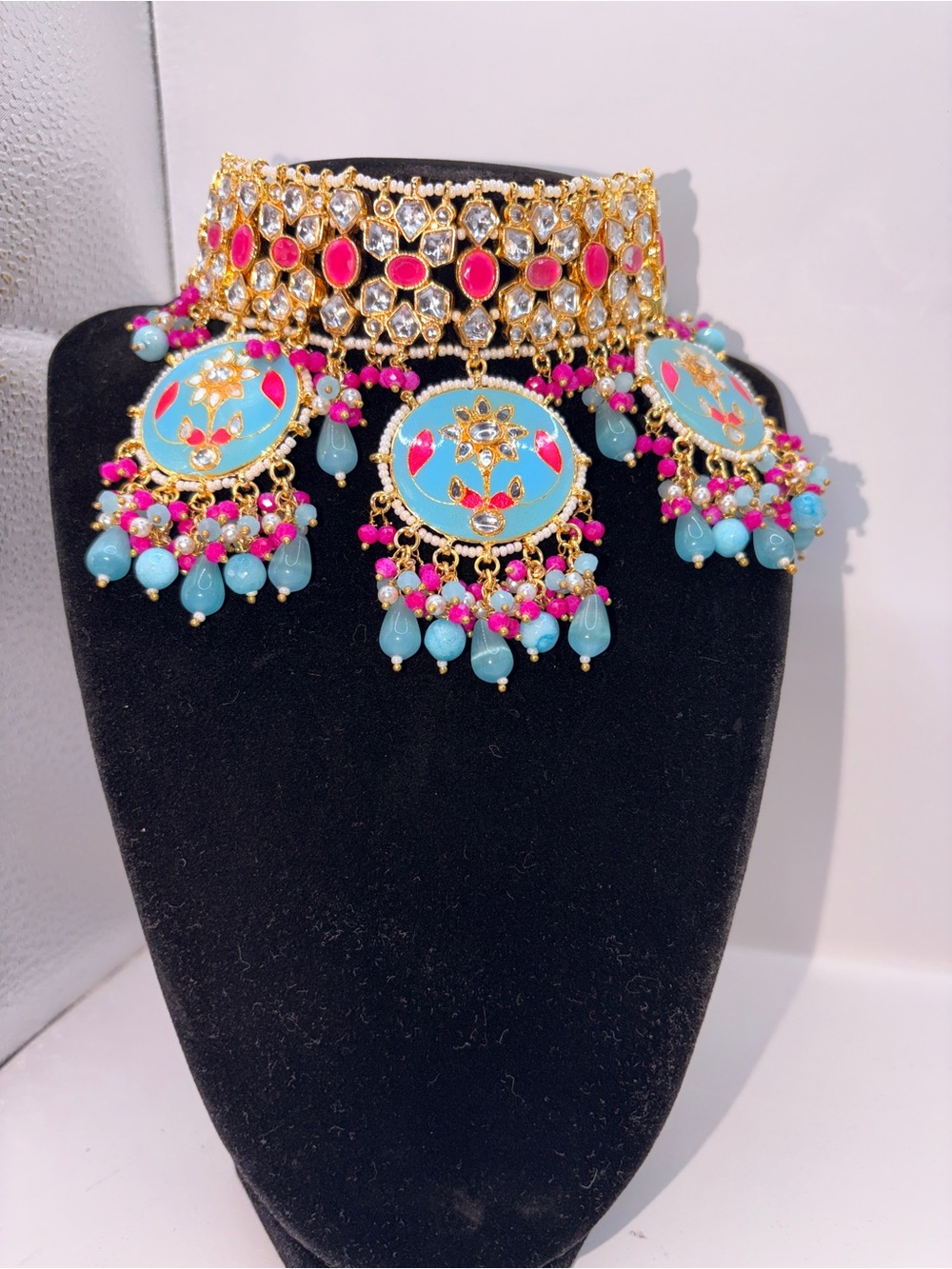 Gold Plated Tappa Kundan Turquoise and Pink Statement Choker Necklace Set